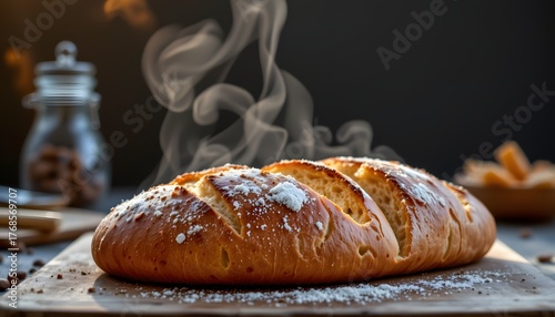 Freshly Baked Loaf of Bread with Steaming Aroma and Dusting of Powdered Sugar on Wooden Board