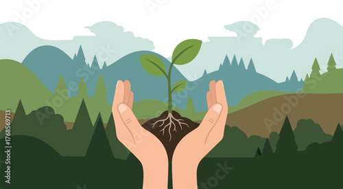 Plant seedling in hands illustration for nature conservation and environmental protection concept art
