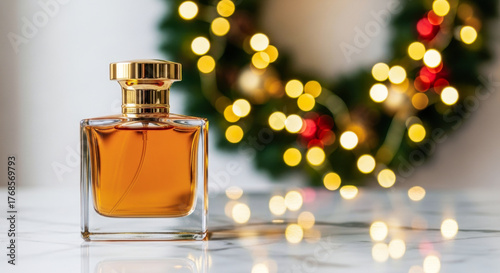 Elegant glass perfume bottle with golden cap on a marble surface, adorned with a blurred festive wreath in the background.