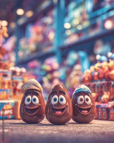 Three smiling chocolate Easter egg characters in a sweet shop