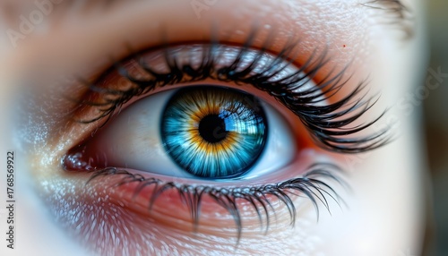 Close-Up of a Beautiful Human Eye Highlighting Vibrant Blue and Orange Iris with Intricate Details