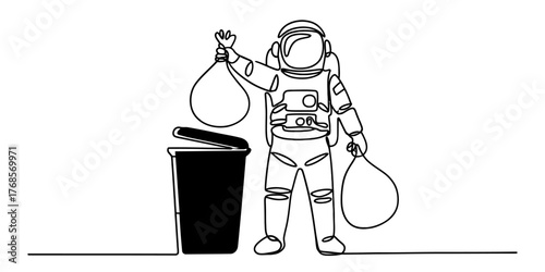 Continuous single line drawing of an astronaut holding trash bags next to a bin vector