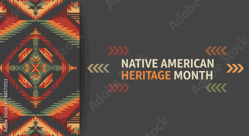 Native American Heritage Month graphic with tribal pattern and text.