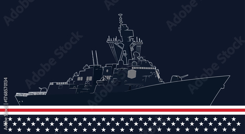 Naval vessel outline on dark blue background with stars and stripes.