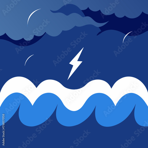 Flat stormy ocean waves with lightning vector illustration scalable weather concept