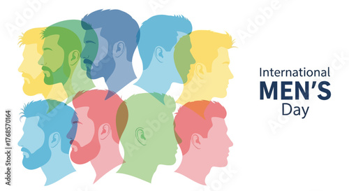 International Men's Day graphic with overlapping male silhouettes in various colors.