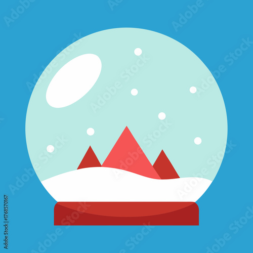 Flat illustration of a snow globe with red mountains and falling snow a festive winter scene