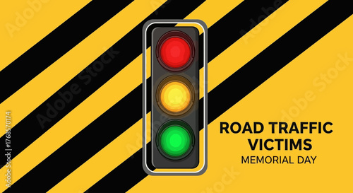 Road Traffic Victims Memorial Day with traffic light on yellow striped background.