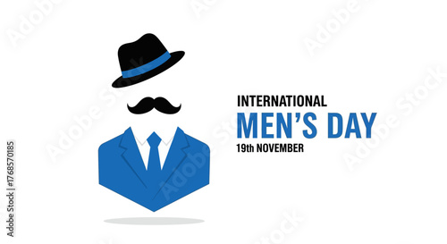 International Men's Day graphic with hat, mustache, suit and tie.