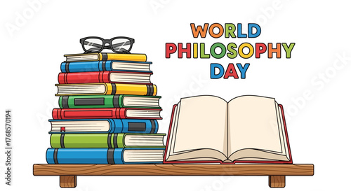 World Philosophy Day illustration with books and glasses on a shelf.