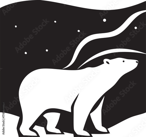 Polar bear under a starry night sky with aurora borealis