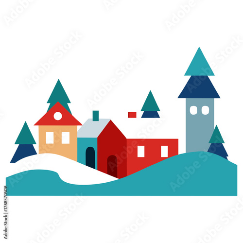 Flat design vector art charming small village with cozy buildings and towers