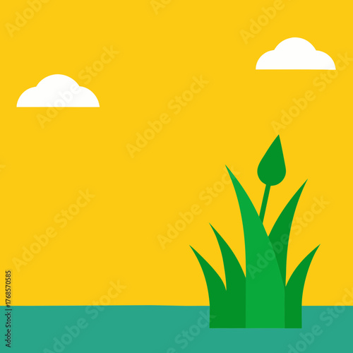 Flat illustration of a farmer tending to a vibrant green rice paddy under a clear sky with fluffy clouds.