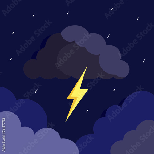 Dark stormy night sky with lightning bolt and rain drops illustration vector