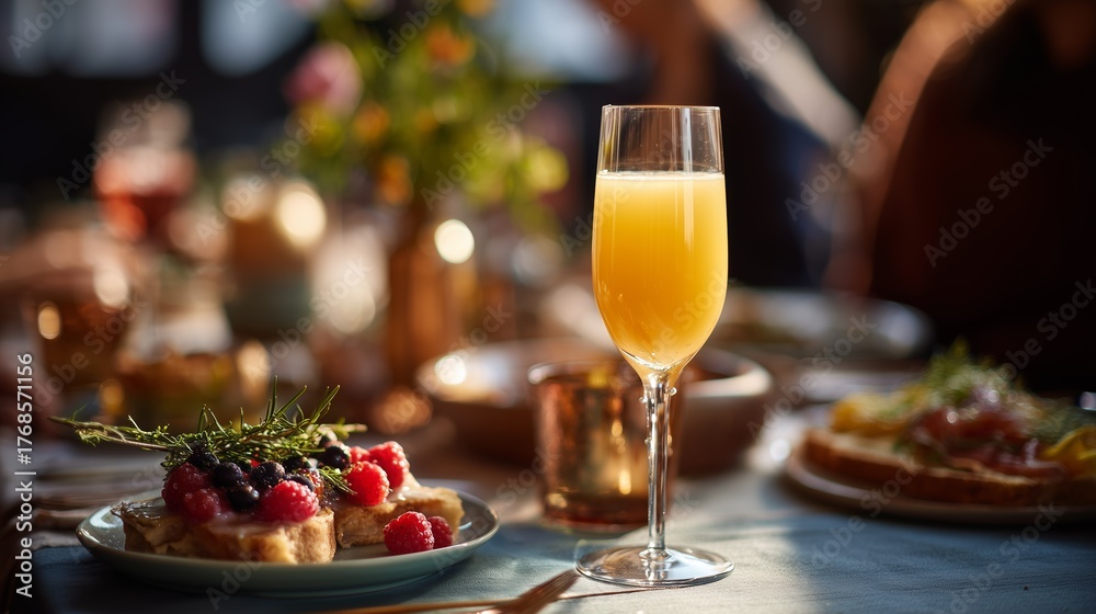Obraz premium A vibrant breakfast setting featuring a glass of orange juice and berry-topped waffles, beautifully lit by morning light.