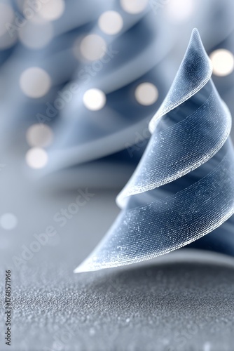 Minimal abstract glass Christmas tree on soft blue background with bokeh lights and copy space, modern holiday concept