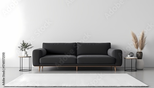 Modern minimalist living room with black sofa and neutral decor