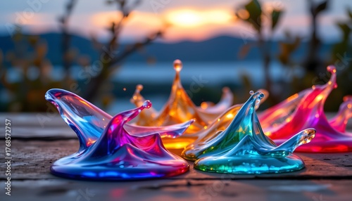 Colorful Liquid Splashes Captured at Sunset with Vibrant Reflections and Artistic Shapes