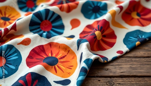 Vibrant Floral Patterned Fabric Draped Over Wooden Surface with Colorful Design Elements