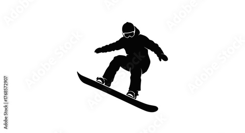 Snowboarder performing a jump in silhouette against a white backdrop  