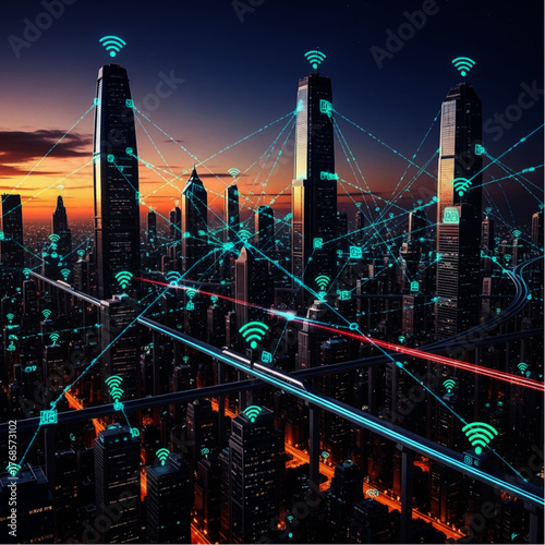ai generative Futuristic city skyline with connected smart devices, wireless signal icons, and glowing data links.
