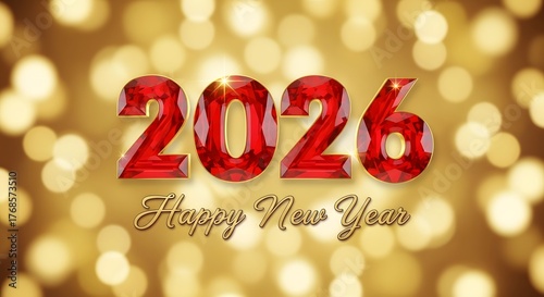 2026 red ruby text effect isolated on a gold bokeh background, Happy New Year banner