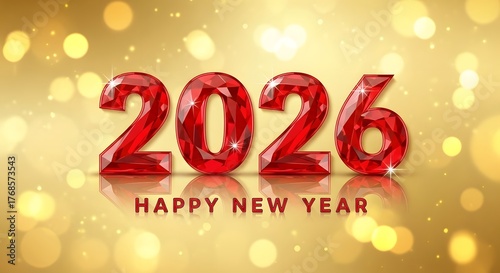 2026 red ruby text effect isolated on a gold bokeh background, Happy New Year banner