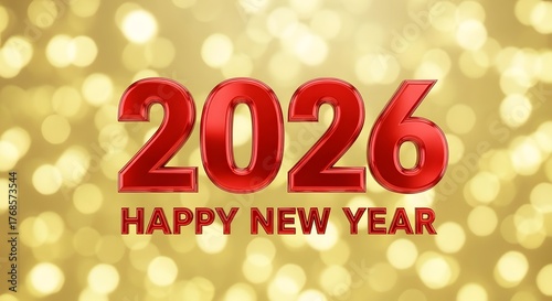 2026 red ruby text effect isolated on a gold bokeh background, Happy New Year banner