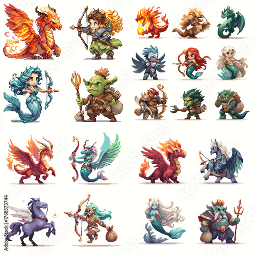 Vibrant pixel art collection of mythical creatures including dragons, mermaids, and warriors. Perfect for RPG games, adventure stories, or fantasy design projects.