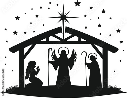 Holy Christmas icon collection with silhouette nativity scene, angel, candle, and star of Bethlehem, elegant black vector