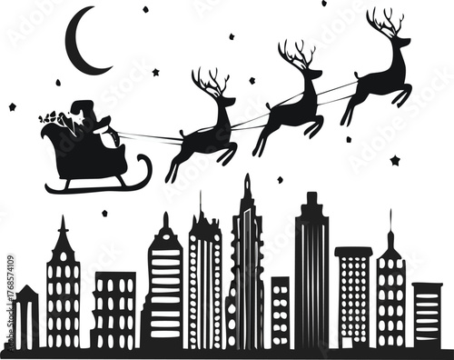Santa’s sleigh with reindeers flying over city skyline, night sky silhouette vector