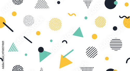 Colorful geometric abstract pattern on white background, design with various shapes and elements scattered randomly, vibrant and modern style, perfect for backgrounds and designs.