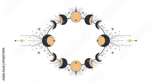 Esoteric moon phases illustration with circular arrangement, featuring celestial elements like stars and cosmic rays, set against a clean white backdrop.