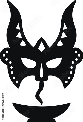 Abstract dark silhouette of a mystical character with horns and intense eyes symbolic of power and mystery