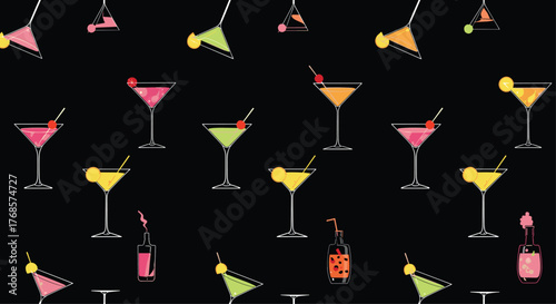 A colorful assortment of martini glasses filled with various cocktails against a black background.
