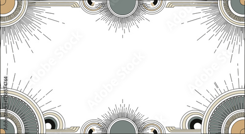 Art Deco elegant frame with sunburst and geometric patterns in beige and grey, providing a stylish border for text or design.