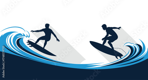 Two surfers riding the waves, silhouetted against a white background with blue and white wave illustrations, creating a dynamic design.