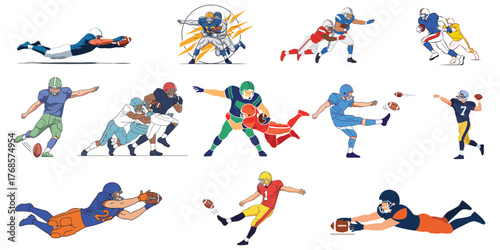 Set of isolated American football player characters in various dynamic action poses for sports design concepts - editable scalable