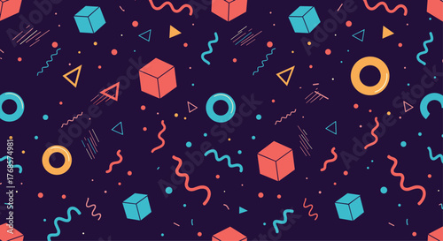 Colorful geometric shapes and patterns on a dark blue background provide a retro design aesthetic.