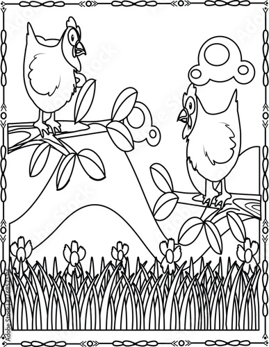 Cute little bird perched on a branch coloring page for kids And Adults.
