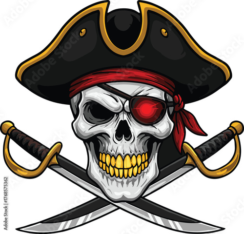 "Cartoon pirate skull with hat and crossed swords, fantasy illustration, skull with bandana and eyepatch, bold artwork, Halloween adventure theme"