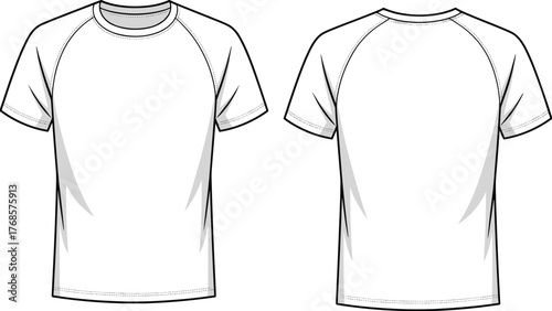 Short sleeve raglan t-shirt technical drawing, front and back view, fashion CAD sketch, garment design vector, apparel illustration, cad drawing flat vector illustration