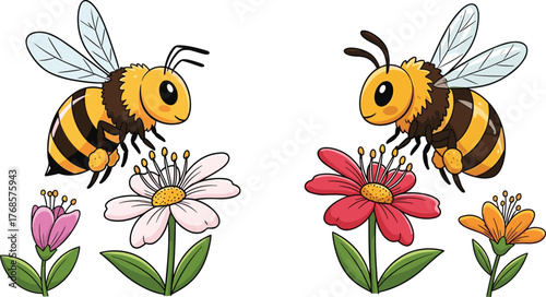 Cute cartoon bees flying around colorful flowers, spring garden illustration, honeybee pollination concept, nature insect art, fantasy vector design