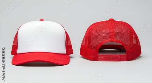 A blank red and white trucker hat shown from the front and back, featuring a foam panel, mesh back, and snapback closure