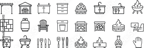 Backyard firepit and outdoor living line icon set. Vector pictograms of patio kitchen, fireplace, chiminea, pizza oven, grill, firewood, and propane tank thin linear illustration