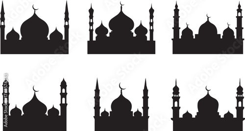 Collection of six islamic mosque silhouettes with domes and minarets for religious and cultural design elements