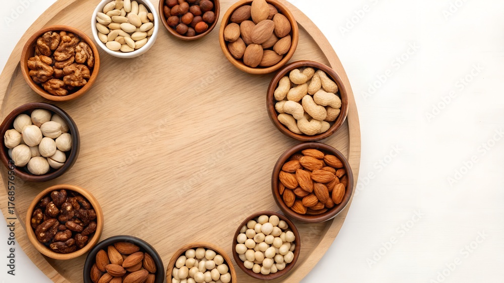 Fototapeta premium Assorted Nuts And Seeds Arranged In Small Wooden Bowls On A Round Tray