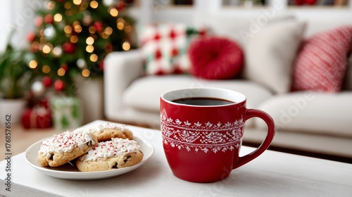 Wallpaper Mural Cozy holiday scene featuring a red mug filled with coffee beside a plate of festive cookies, set against a beautifully decorated Christmas tree and a comfortable living room atmosphere Torontodigital.ca