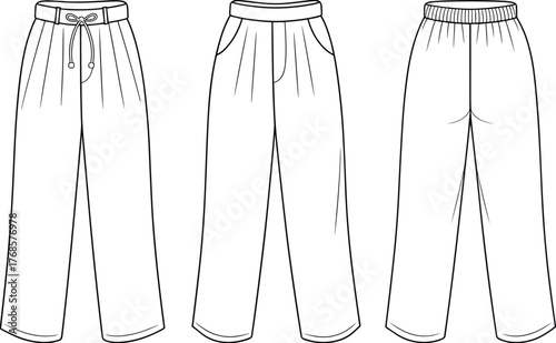 Three pant styles technical drawing, front view, fashion CAD sketch, garment design vector, apparel illustration, cad drawing flat vector illustration