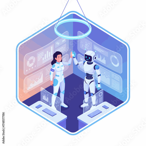 Futuristic illustration of a human scientist and humanoid robot high-fiving inside a high-tech control room with digital interface screens